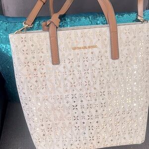 Michael Kors Purse Medium Tote Hayley White Gold Laser Cut Leather MK Logo.